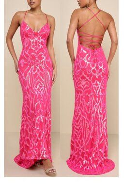 Lulus Perfect Enchantment Hot Pink Sequin Lace-Up Mermaid Maxi Dress Medium New